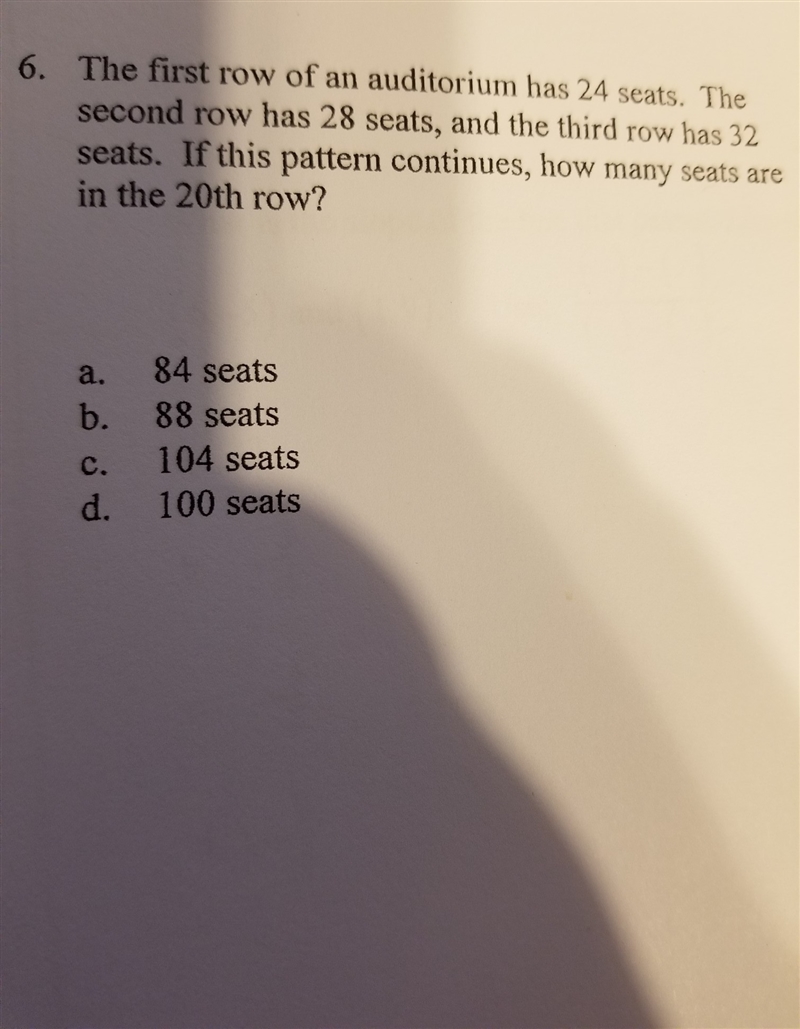 the first row an auditorium has 24 seats. the second row has 28 seats, and the third-example-1