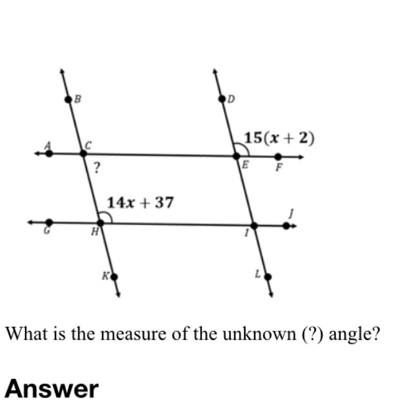 What is the measure of the unknown angle ?-example-1