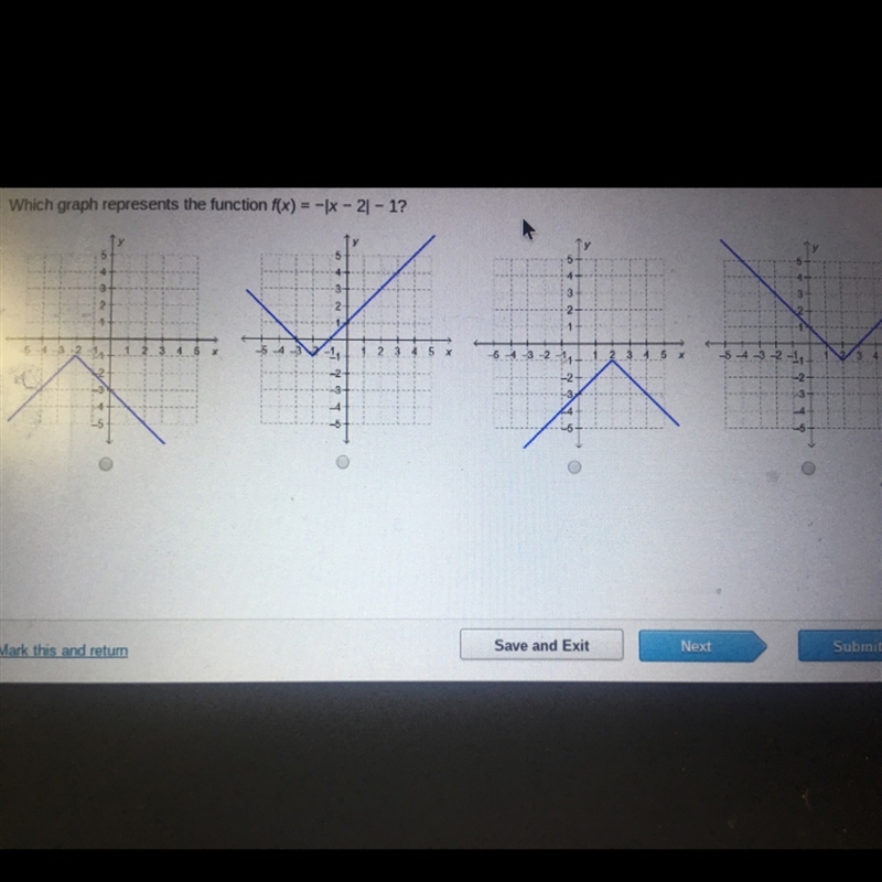 Which graph represents the function f(x) = -|x-2| -1?-example-1