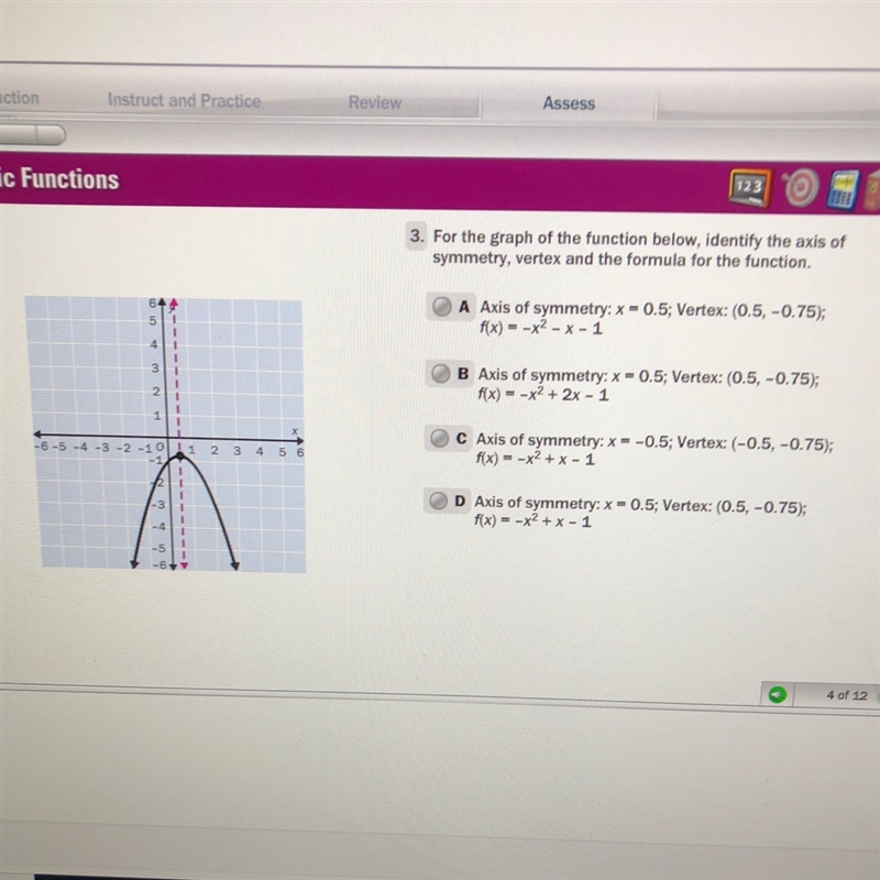 For the graph of the function below, identify the axis of symmetry, vertex and formula-example-1