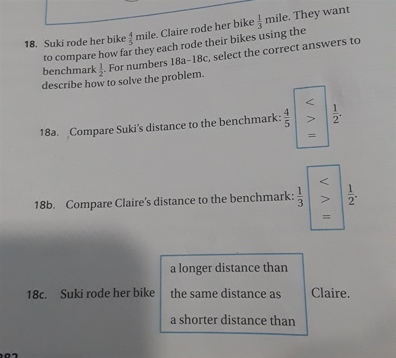 Suki rode her bike 4/5 mile. Claire rode her bike 1/3 mile. they want to compare how-example-1