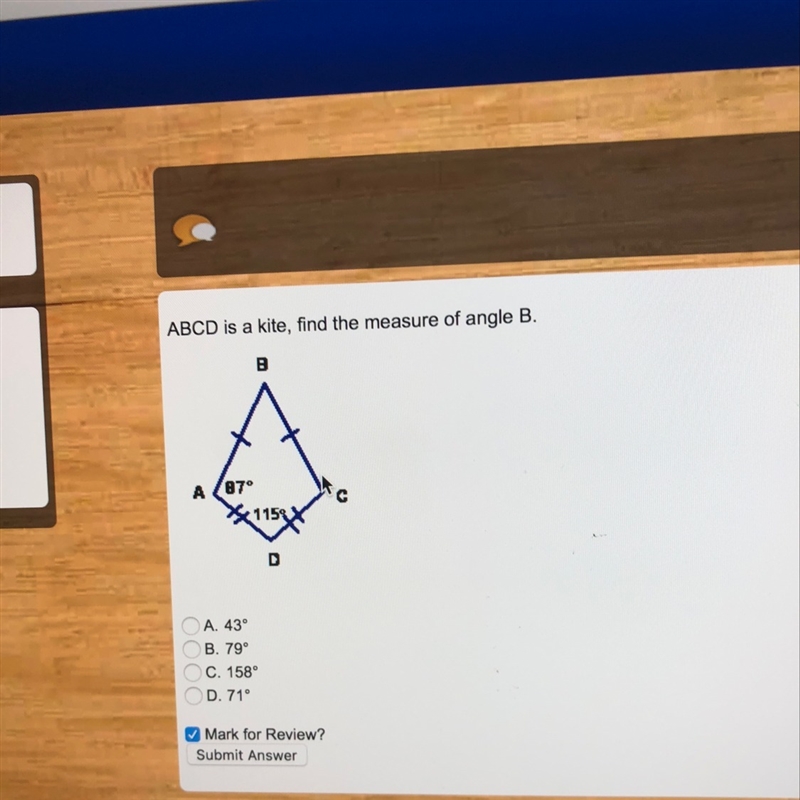 ABCD is a kite, find the measure of angle B-example-1