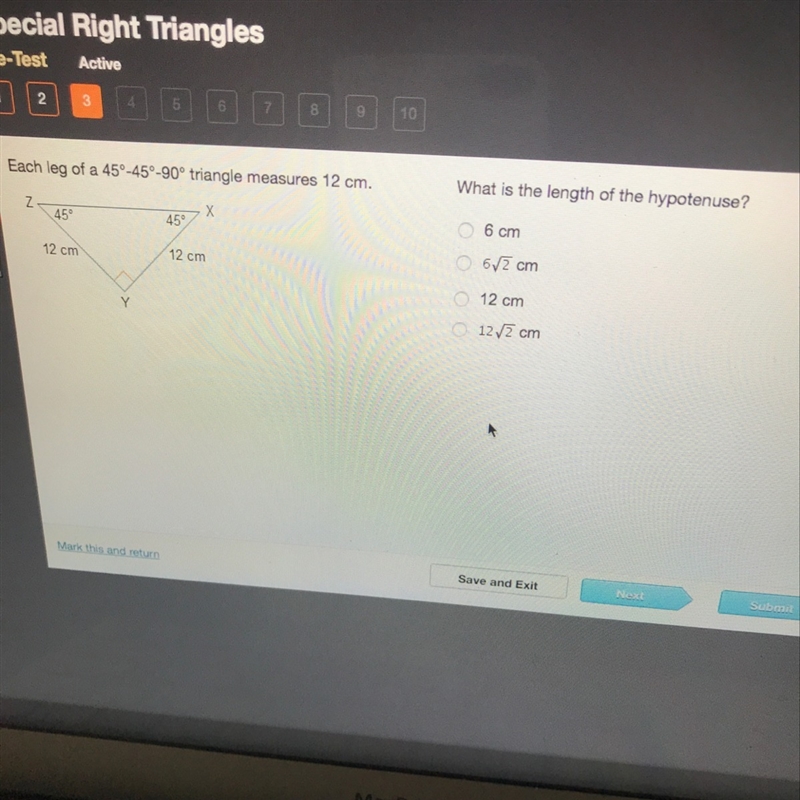 Each leg of a 45-45-90 triangle measures 12 cm. what is the length of the hypotenuse-example-1