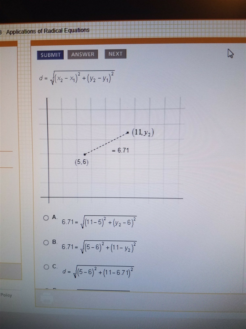 For the diagram below which equation is the correct use of the distance formula the-example-1