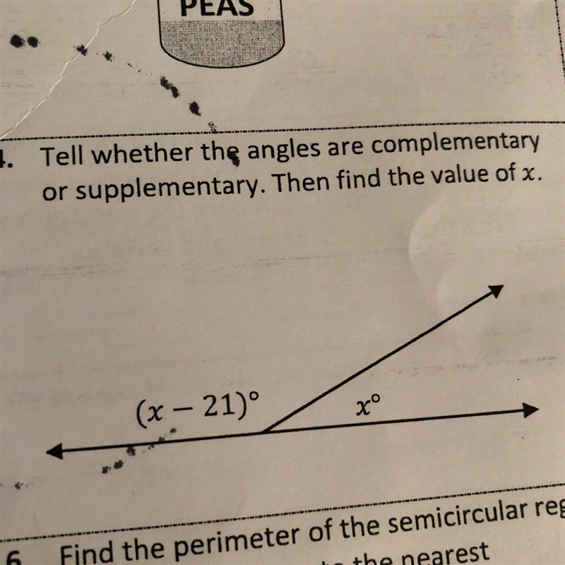 Tell whether the angles are complementary or supplementary.Then find the value of-example-1