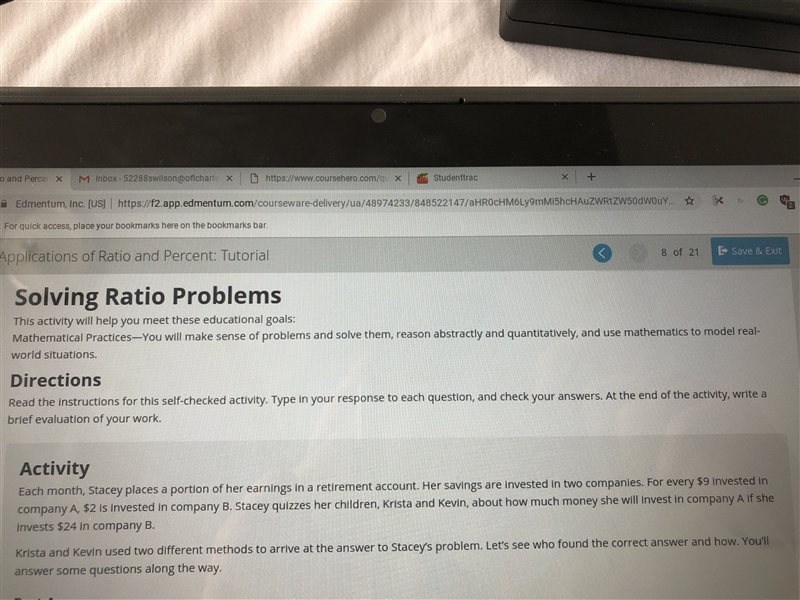 PLEASE HELP ME! Which is the ratio of the unknown amount (X) invested in company A-example-1