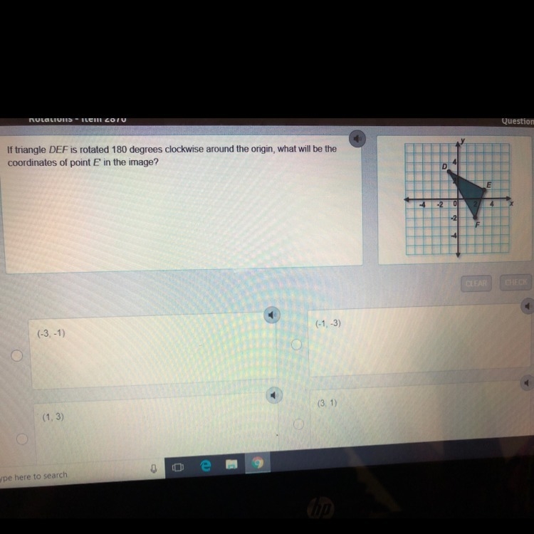 If triangle def is rotated 180 degrees clockwise around the origin, what will be the-example-1