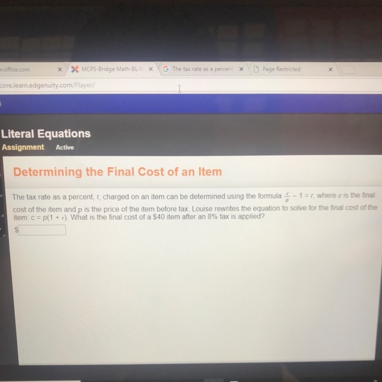 Louise rewrites the equation to solve for the final cost of the item: c=p(1+r). What-example-1