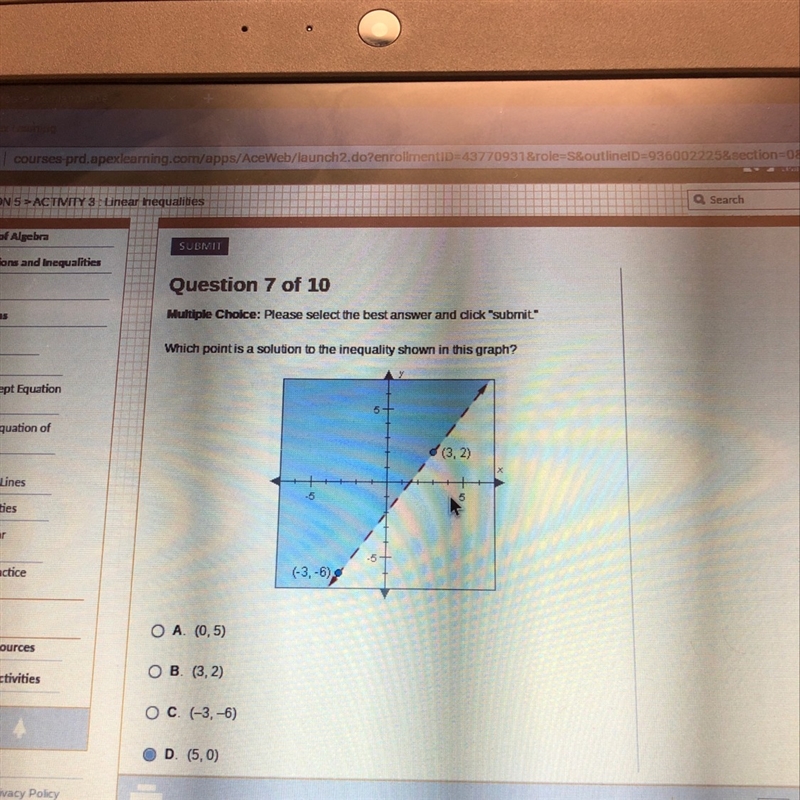 Which point is a solution to the inequality shown in this graph?-example-1