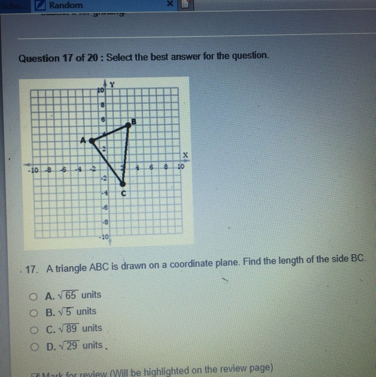 A triangle ABC is drawn on a coordinate plane . Find the length of the side BC.-example-1