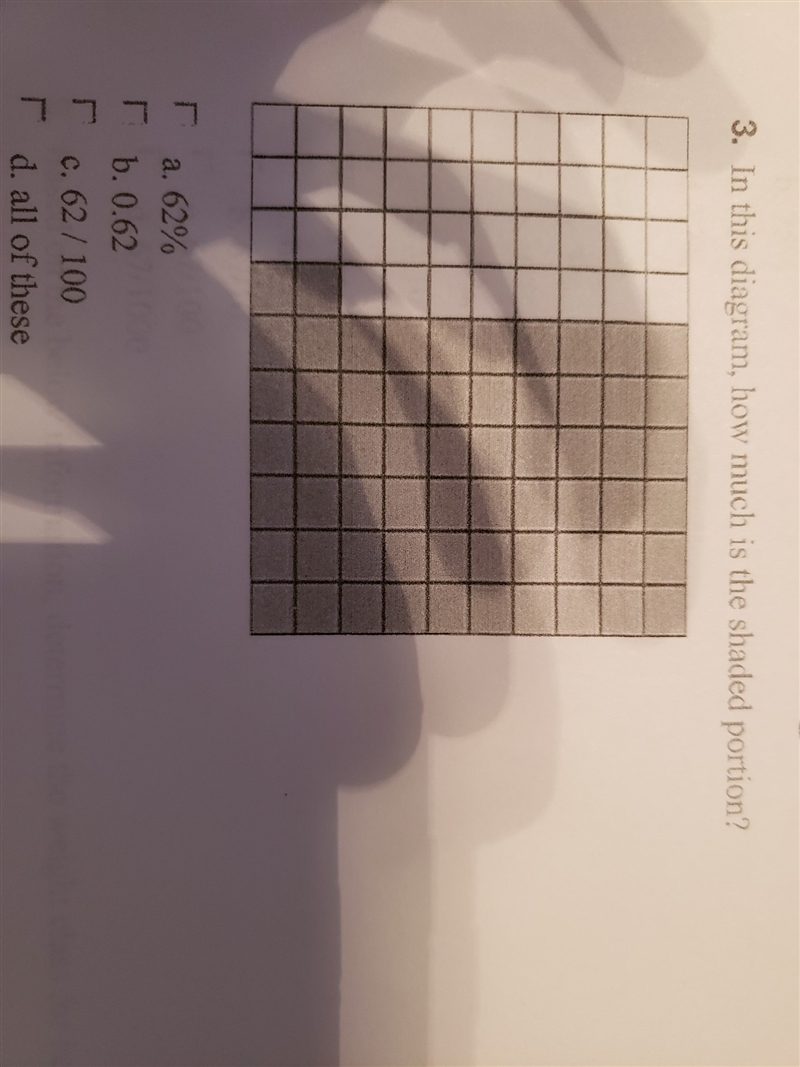 In this diagram. how much is the shaded portion? There is 100 squares and 62 are shaded-example-1