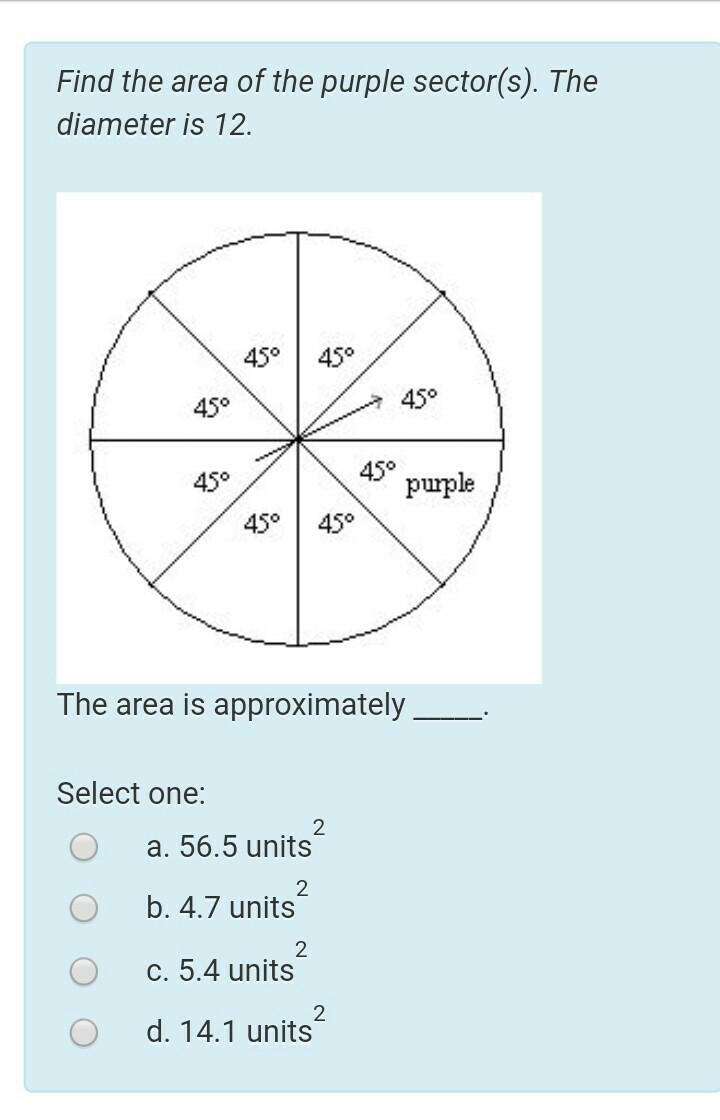 Find the area of the purple sector(s). The diameter is 12.-example-1