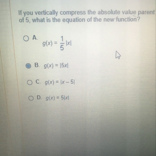 If you vertically compress the absolute value parent function,f(x)=|x| by a factor-example-1