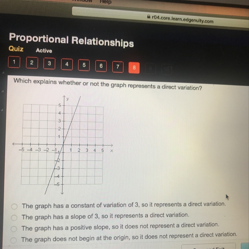 Which explains whether or not the graph represents a direct variation?-example-1