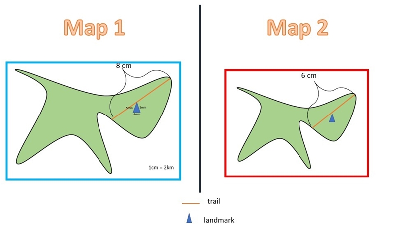 What is the scale factor from the trail on the map to the actual trail? What is the-example-1