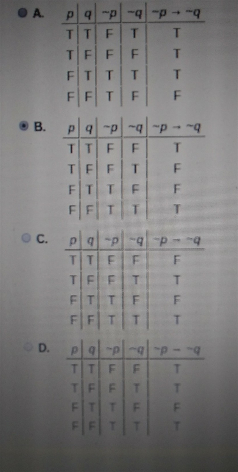 Whuch of the following truth tables shows the statement ~p ~q-example-1