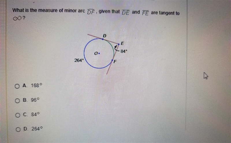 What Is the measure of minor Ark. DF given that line DE and line FE are tangent to-example-1