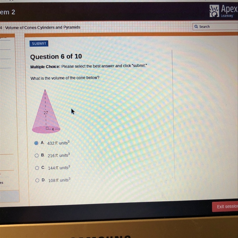 What is the volume of the cone below?-example-1