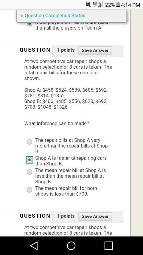 At two compartive car repair shops a random selection of 8 cars is taken-example-1