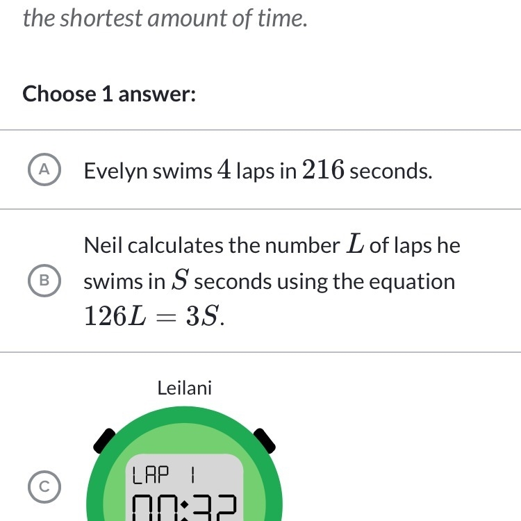 Select the swimmer who swims the fastest. (Remember, the fastest swimmer swims laps-example-1