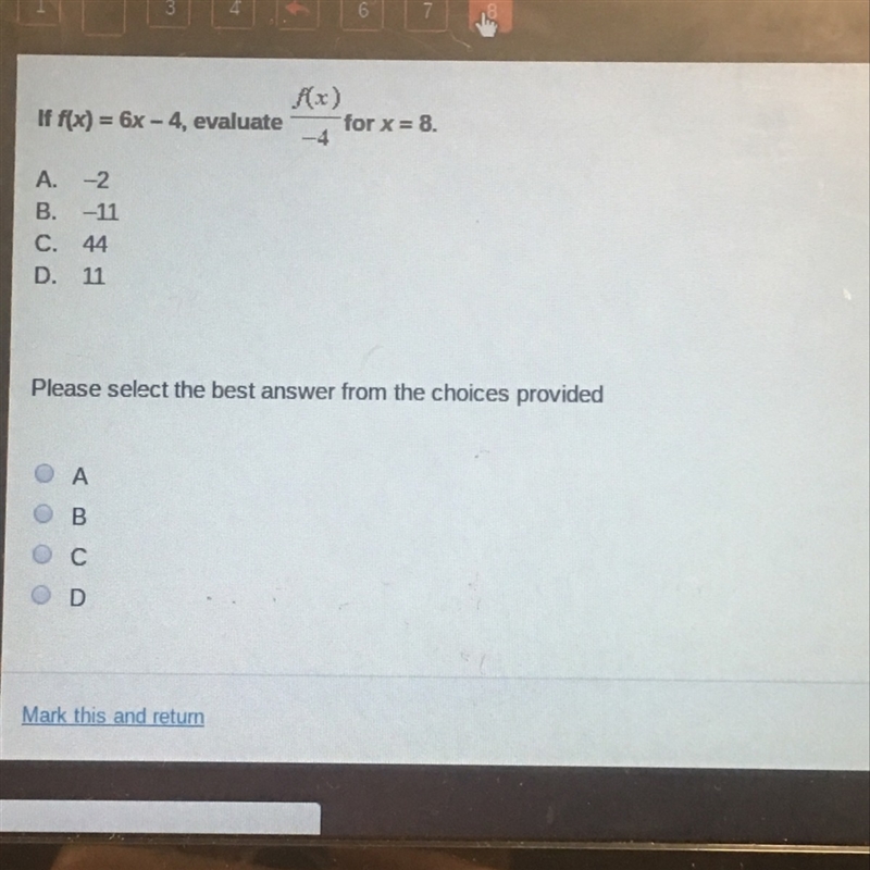 Help pls! if f(x) =6x-4, evaluate f(x)/-4 for x=8-example-1