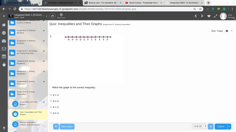 Halp!!!!!!!!!!!!!!1 Match the graph to the correct inequality. A. d > 2 B. d ≤ 2 C-example-1