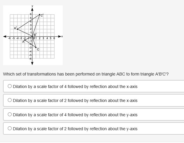 Two similar triangles are shown on the coordinate grid: Which set of transformations-example-1