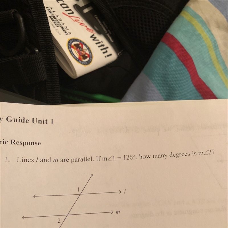 Lines l and m are parallel. If m1 = 126, how many degrees is m2?-example-1