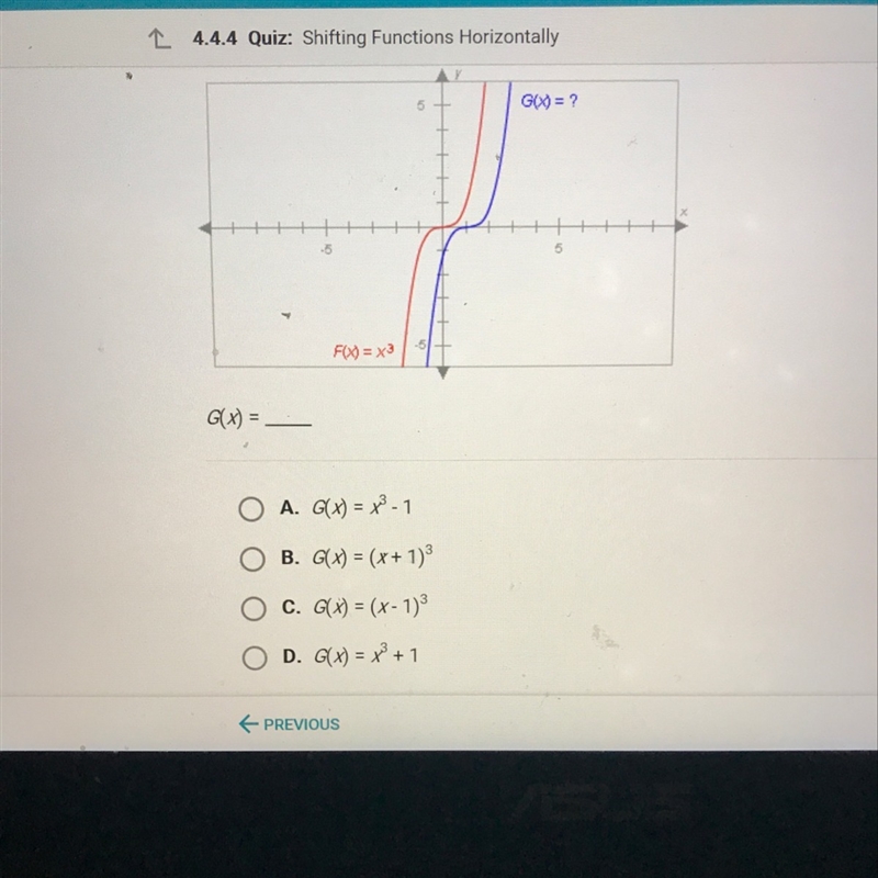 The graphs below have the same shape. What is the equation of the blue graph.-example-1