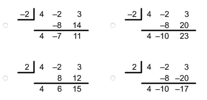 Please help! Cassidy wants to divide 4x^2−2x+3 by x + 2 using synthetic division. Which-example-1