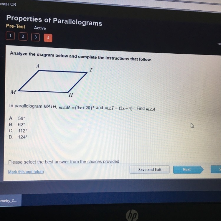 In the parallelogram MATH, m A. 56 B. 62 C. 112 D. 124-example-1