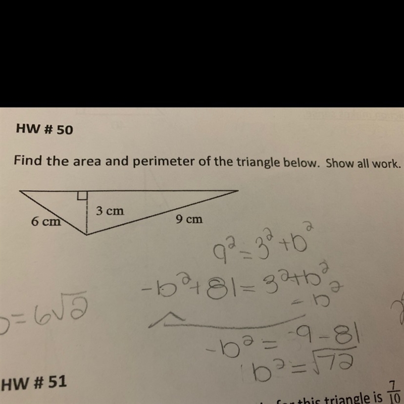 Find the area and perimeter of the triangle below. Show all work.-example-1