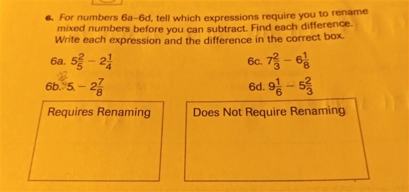 for numbers 6a-6d, tell which expressions require you to rename mixed numbers before-example-1