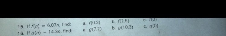 If f(n)=6.07n, find a. f(0.3) b. f(2.5 c. f(.0)-example-1