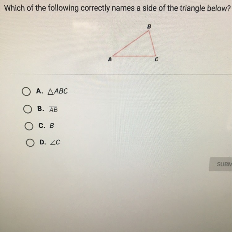 Which of the following correctly names a side of the triangle below-example-1