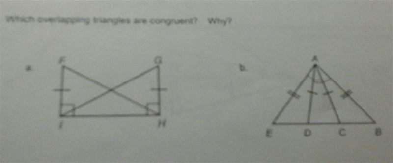 Which overlapping triangles are congruent? why?-example-1