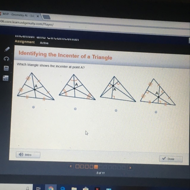 Which triangle shows the incenter at point A?-example-1