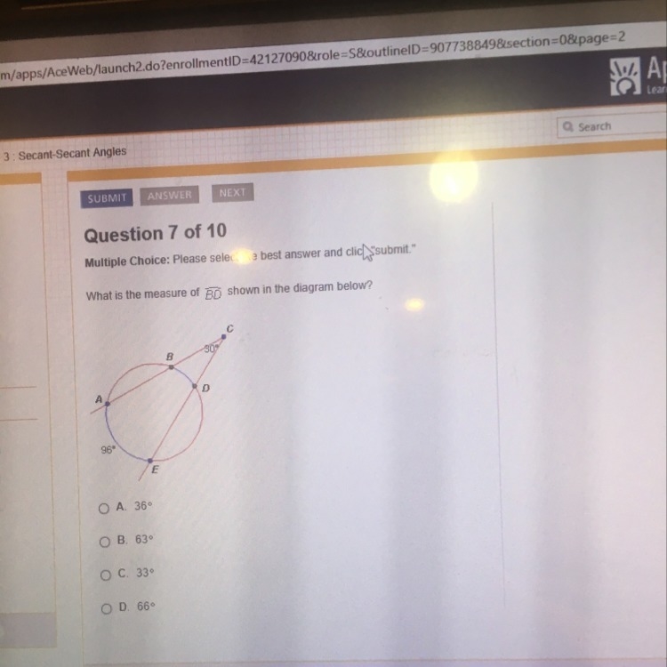 What is the measure of BD shown in the diagram below? A. 36 B. 63 C. 33 D. 66-example-1