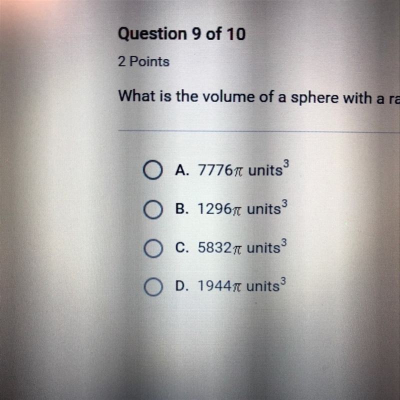 What is the volume of a sphere with a radius of 18 units-example-1