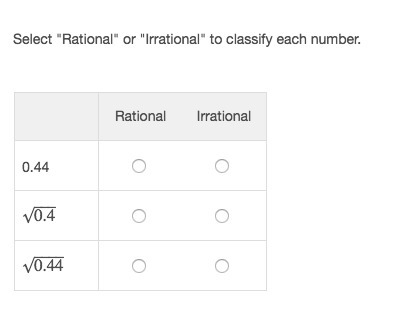 Select "Rational" or "Irrational" to classify each number.-example-1