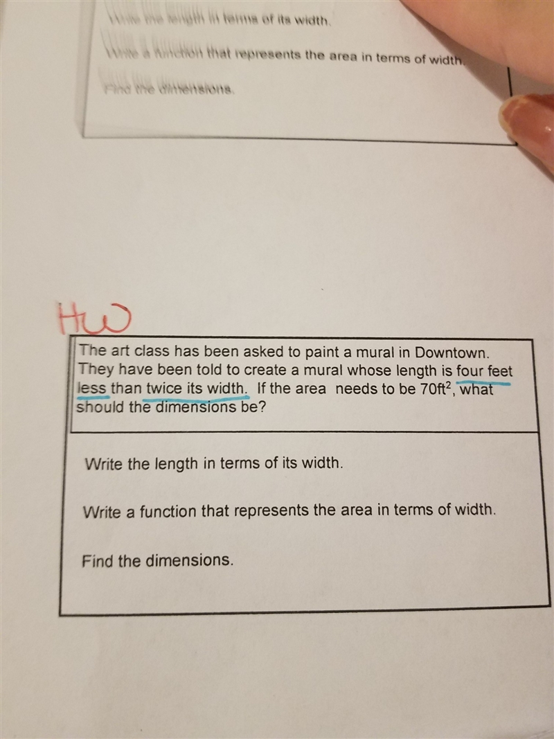 Four feet less than twice its width? What does this mean? can I get the formula and-example-1