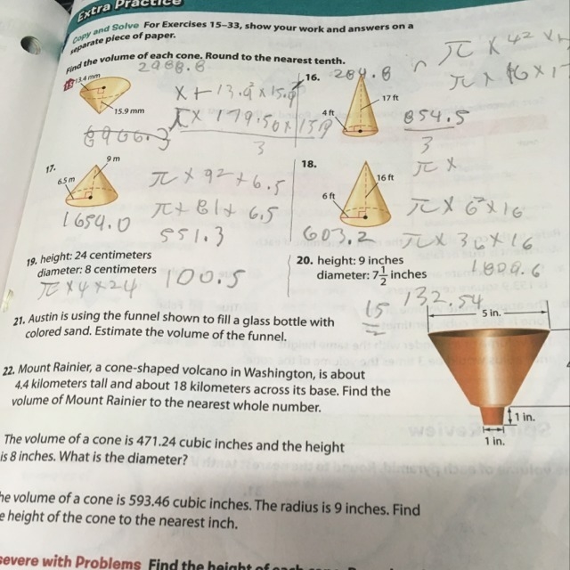 Austin is using a funnel shown to fill a glass bottle with colored sand Estimate the-example-1