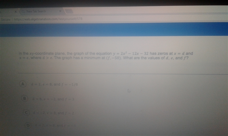 In the xy-coordinate plabe, the graph of the equation y=2x^2-12x-32 has zeros at x-example-1