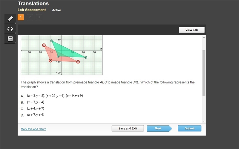 The graph shows a translation from preimage triangle ABC to image triangle JKL. Which-example-1