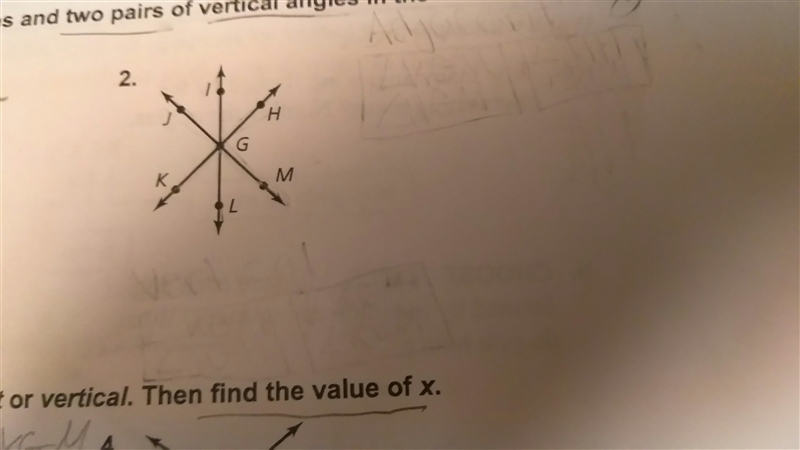 Name two pairs of adjacent angles and two pairs of vertical angles in the figure-example-1