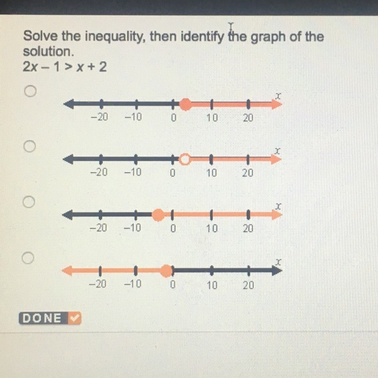 Solve inequality then identify graph of 2x - 1 > x + 2-example-1