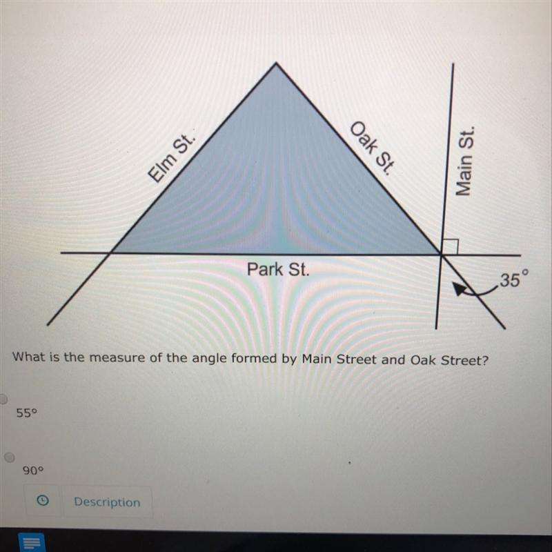 What is the measure of the angle formed by Main Street and oak street? A. 55° B. 90° C-example-1