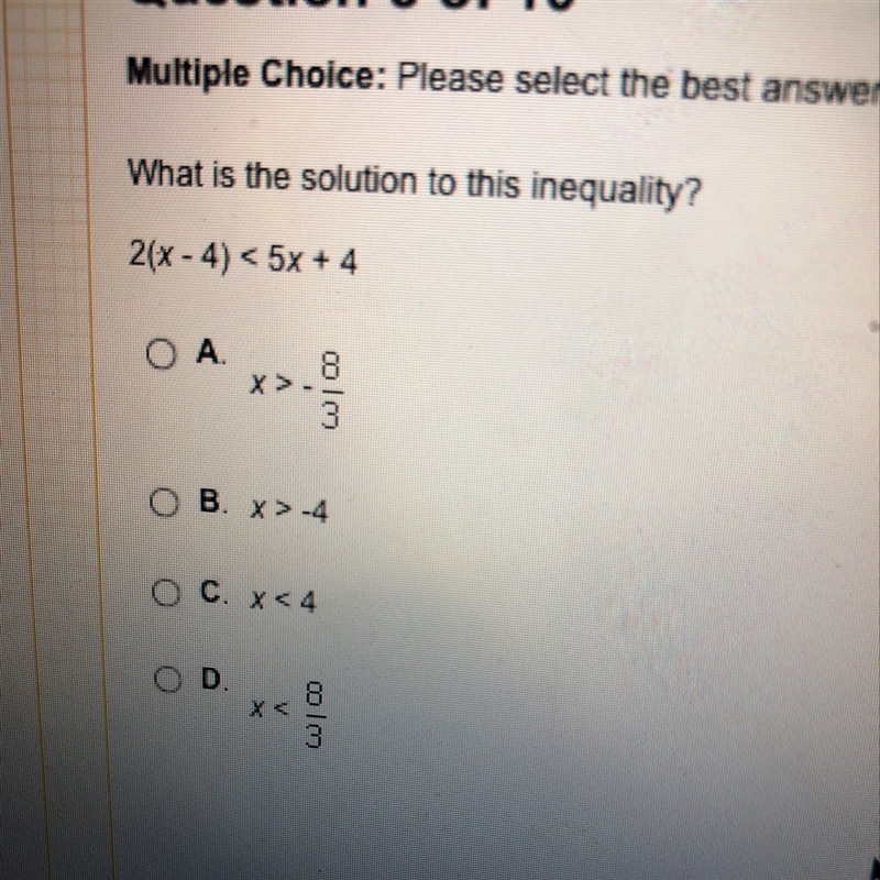 What is the solution to this inequality 2(x - 4 ) < 5x + 4-example-1