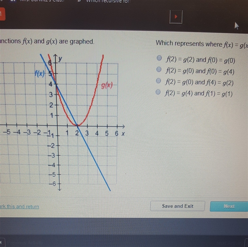 The functions of f (x) and g(x) are graphed. which represents where f(x) = g(x)?-example-1