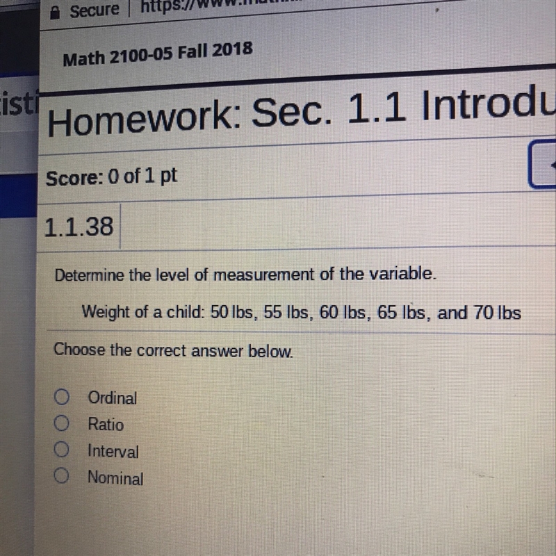 Determine the level of measurement of the variable. Weight of a child: 50 lbs, 55 lbs-example-1